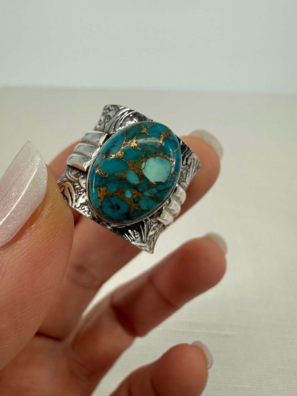 Artisan Blue Copper Turquoise Sterling Silver Boho Ring 925